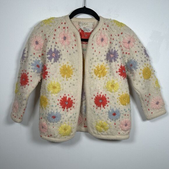 VTG Lilly of California Wool Cardigan Sweater Cream Floral Hippie Women's Large - Picture 1 of 7